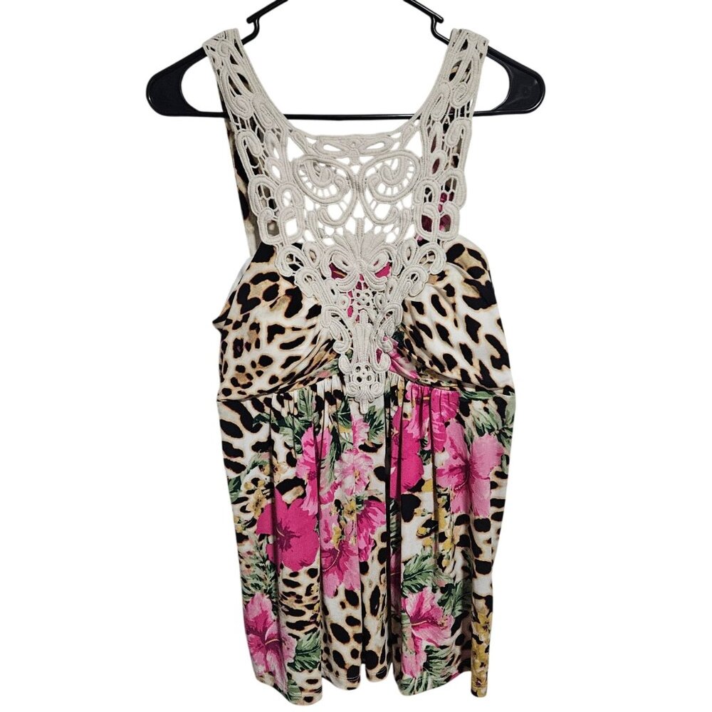 Boston Proper Floral Leopard Print Tank Top Womens Sz Medium Lace Accent Padded